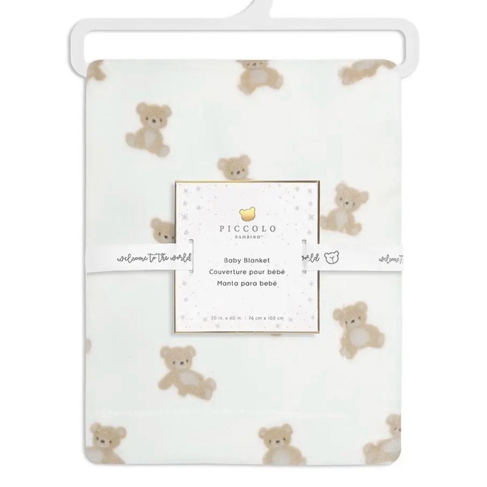 🆕 Piccolo Bambino Plush Baby Blanket 🧸 Teddy Bear Print on White